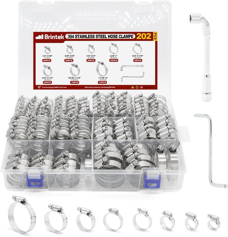 Brintek 202PCS Hose Clamp Assortment, 1/4”-2”(6-51mm) Adjustable Stainless Steel Worm Gear Clamps for Plumbing, Pipe, Fuel Line, Automotive, Garden and Mechanical Applications - Image 1